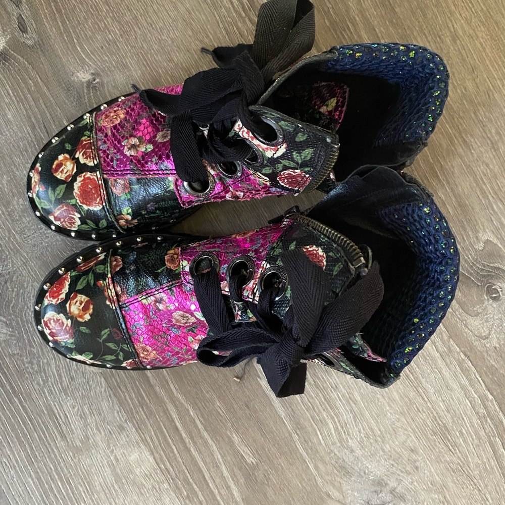 Zodiac and Voltaire Paris patent leather combat boots